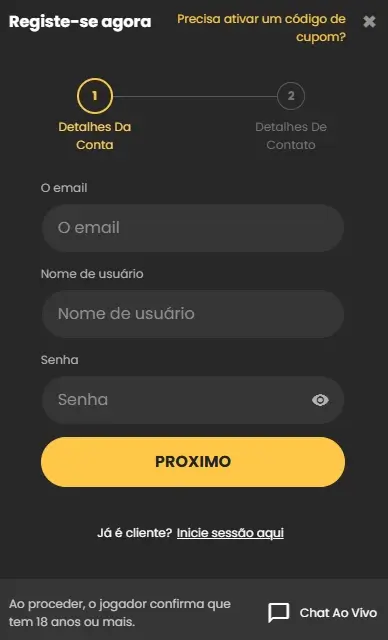 Formulário de registo na EmirBet