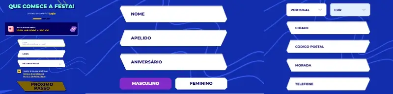 Formulário de registo do MrPacho