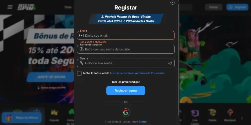 Formulário de registo do casino Need For Spin