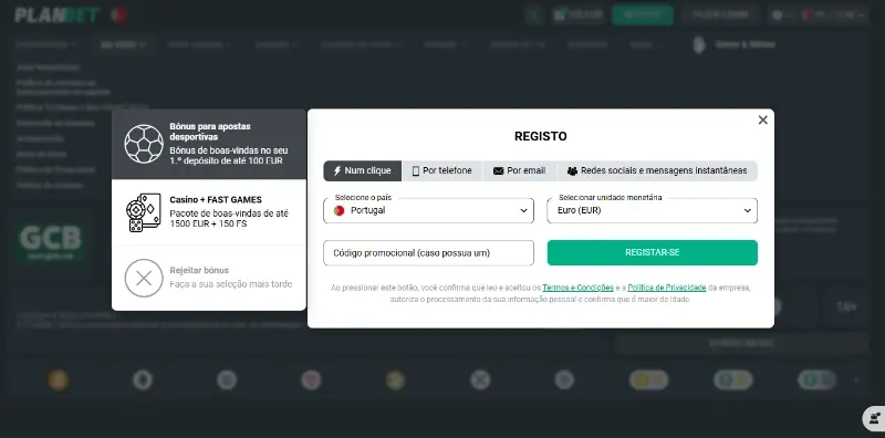 Formulário de registo na Planbet