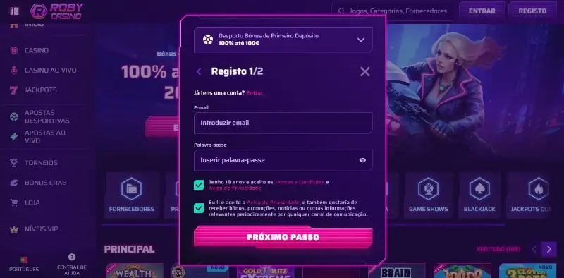 Inicio do formulário de registo no Roby Casino