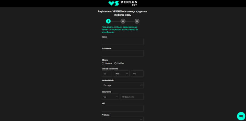 Criar conta no VersusBet Casino
