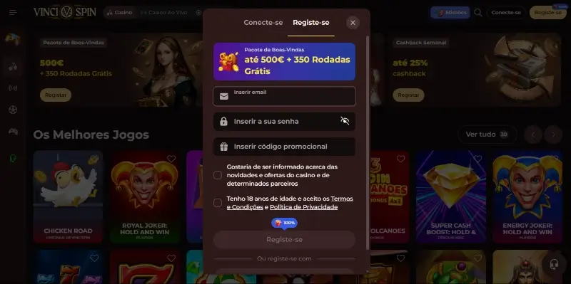 Inicio do processo de criar conta no Vinci Spin