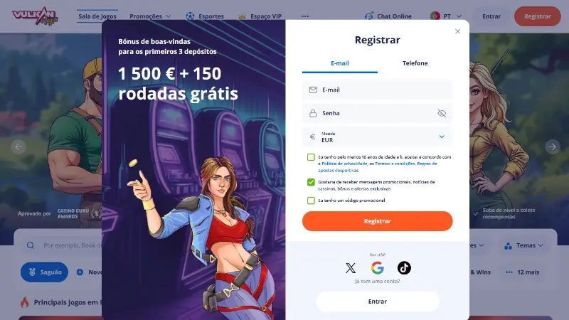 Formulário de registo na Vulkan Vegas