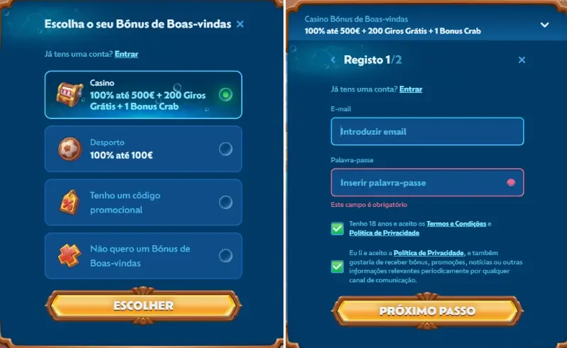 Escolha de bónus e formulário de registo da Winbay