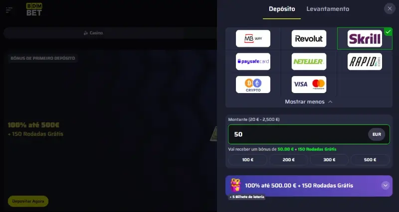 Depósito com Skrill no casino da BDMBet