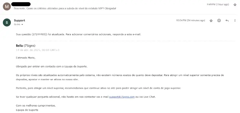 Email do apoio ao cliente do 7signs