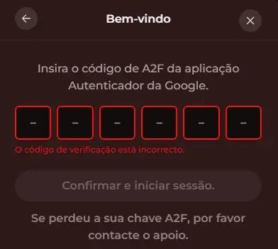 Login com o código do A2F na Vinci Spin