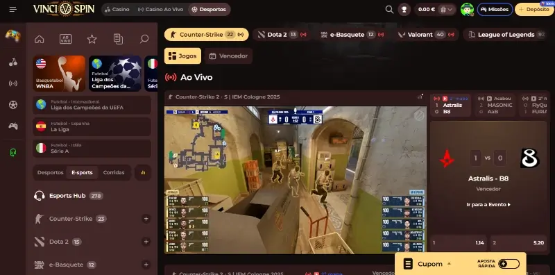 Live Stream com apostas ao vivo num jogo de esports no Vinci Spin