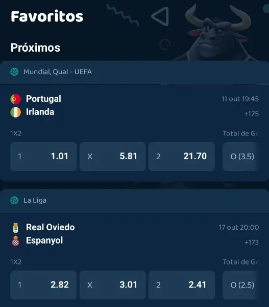 Página de favoritos para apostas desportivas na Lebull App