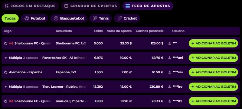 Feed de apostas do Spinmama