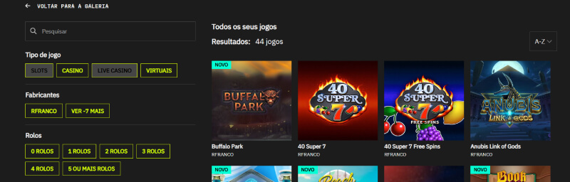 Filtros de pesquisa disponíveis no VersusBet