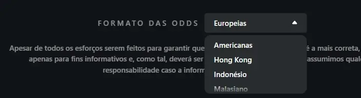 Formato de odds disponíveis no Jettbet