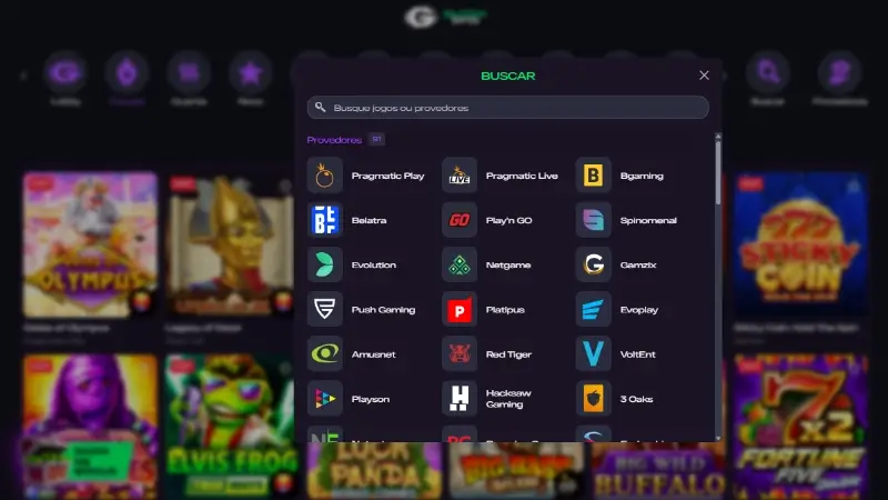 Lista com alguns dos fornecedores de jogos de casino no Glitch Spin Casino