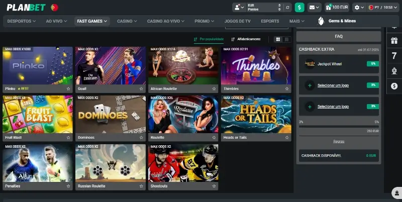 Funcionalidades do casino da Planbet