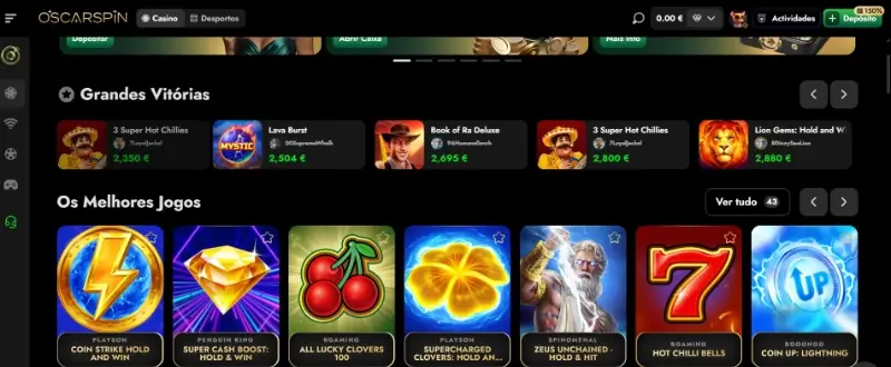 Página de casino no OscarSpin