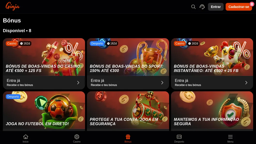 Página de bónus do Ginja Casino com os cartões de boas-vindas do casino até 500 € + 125 FS, do desporto 150% até 300 € e dos jogos instantâneos até 500 € + 25 FB