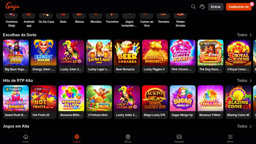 Lobby do Ginja Casino com as coleções Escolhas da Sorte e Hits de RTP Alto, com slots como Big Bass Vegas 1000, Sweet Rush Bonanza e Sugar Merge Up