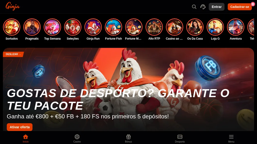 Página inicial do Ginja Casino em português, com o pacote de boas-vindas de desporto até 800 € + 50 € FB + 180 FS