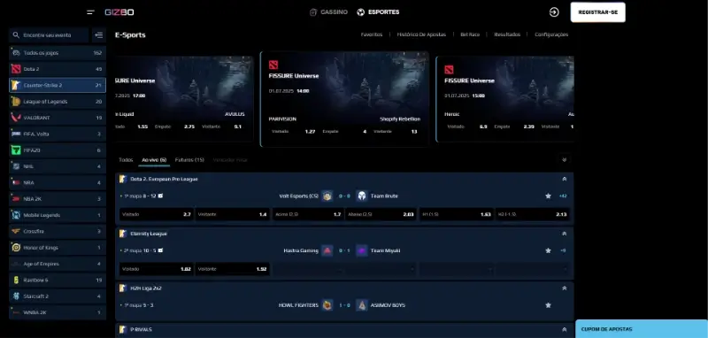 Página de apostas para CS2 na Gizbo