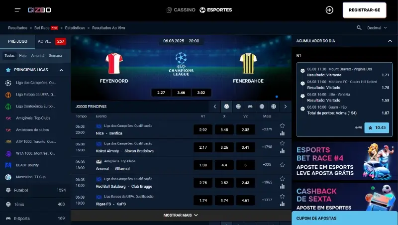Página de apostas desportivas da Gizbo