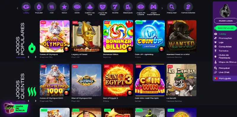 Página de casino na Glitch Spin