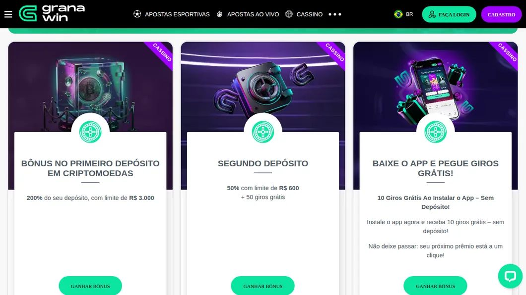 Página de promoções da Granawin vista do Brasil, com o bônus em cripto e o bônus do aplicativo