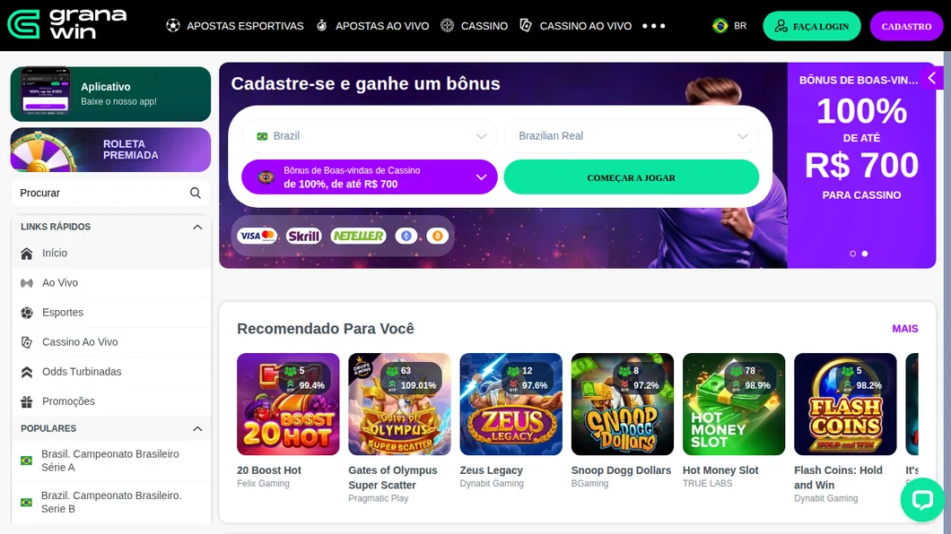 Página inicial da Granawin aberta a partir do Brasil, com o bônus de cassino em reais