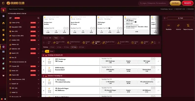 Página de apostas em andebol no GrandClub Casino