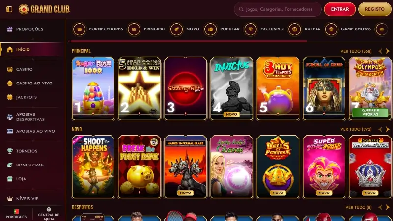 Página de casino no Grand Club Casino