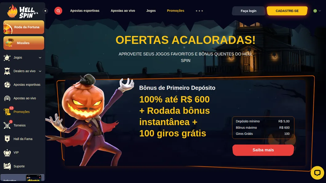 Página de promoções da HellSpin vista do Brasil, com o bônus de primeiro depósito de 100% até R$ 600
