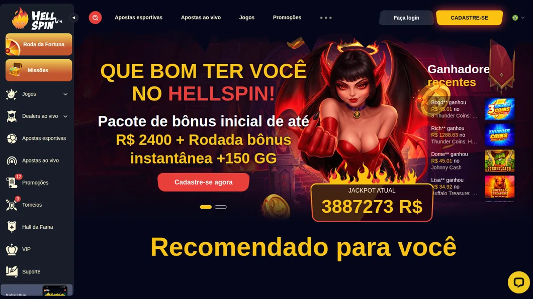 Página inicial da HellSpin aberta a partir do Brasil, com o pacote de bônus em reais e o jackpot