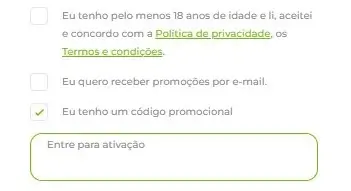 Campo para ativar o código promocional do Verde Casino