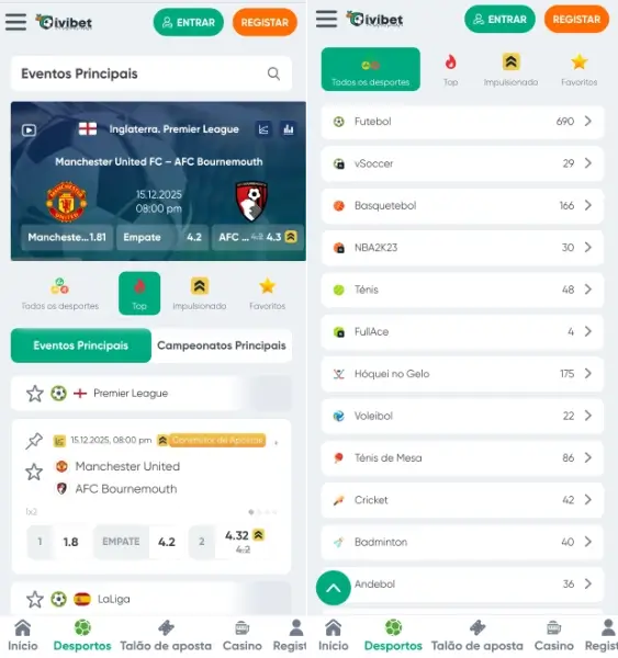 Apostas desportivas na aplicação da Ivibet