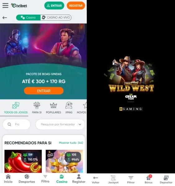 Secção de casino na aplicação da Ivibet