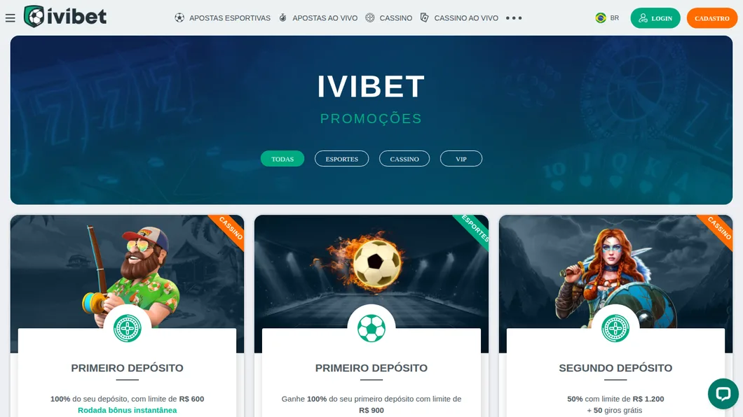 Página de promoções da Ivibet vista do Brasil, com o cashback de futebol e os bônus de depósito