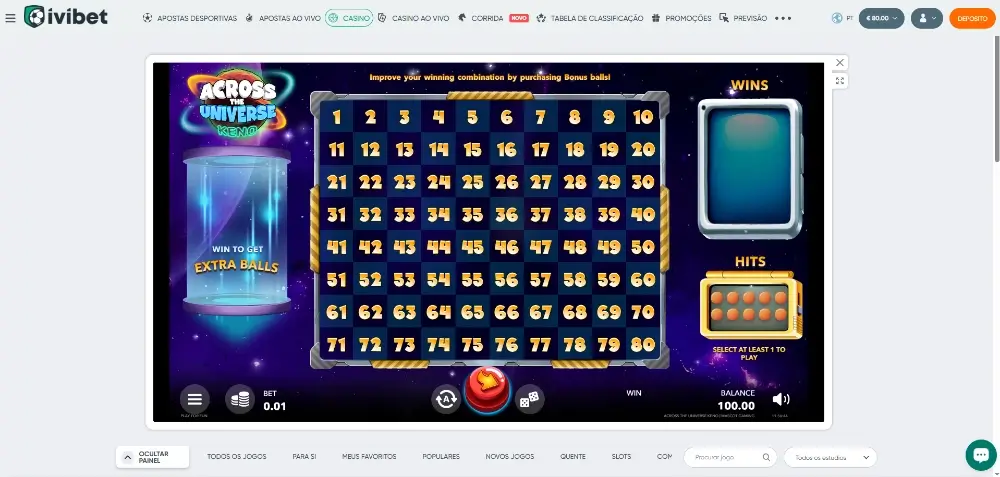 Jogo de Keno no casino da Ivibet