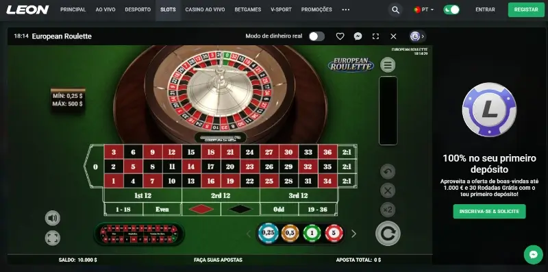Roleta em modo grátis no casino da Leon