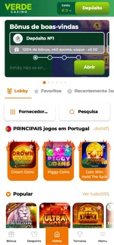 Jogos de casino na Verde Casino App