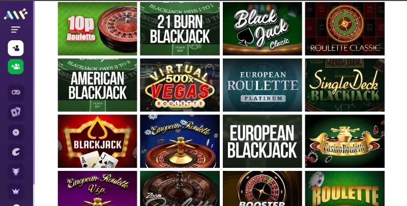 Página de jogos de mesa disponíveis no Alf Casino
