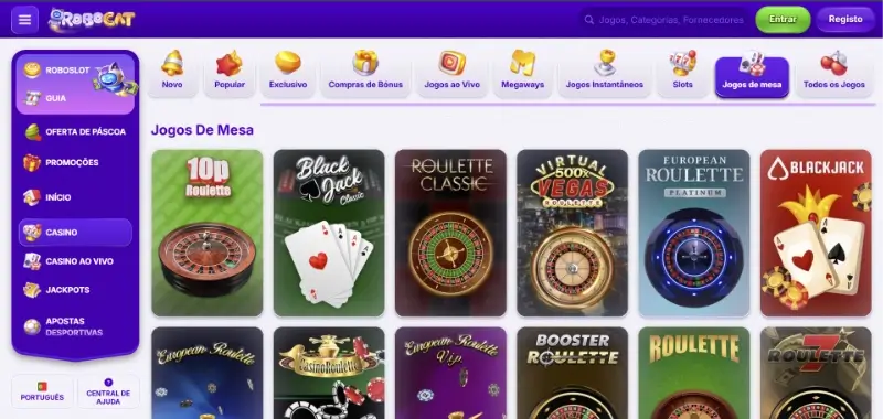 Página de jogos de mesa no Robocat Casino