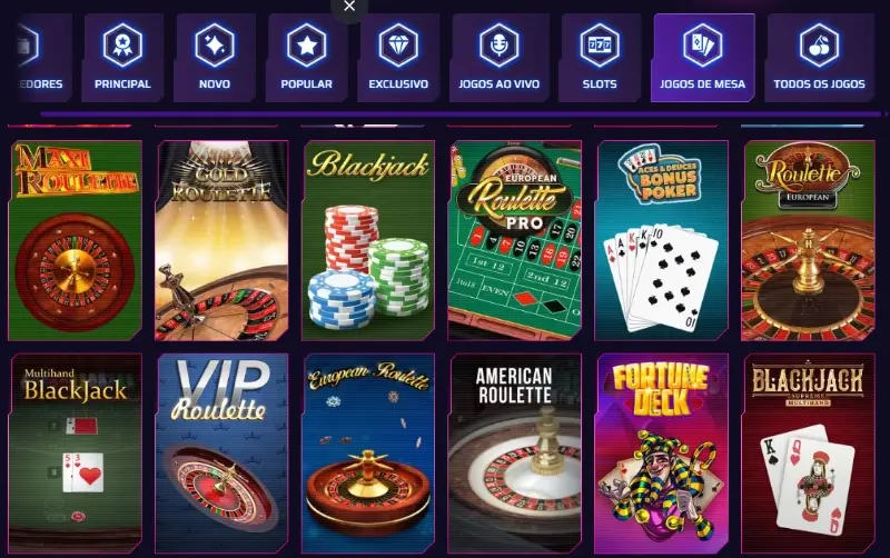 Página de jogos de mesa no Roby Casino