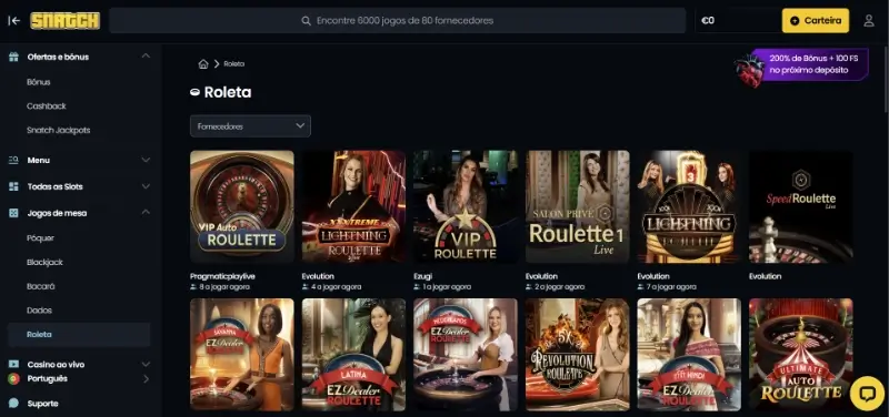 Página de jogos de mesa no Snatch Casino