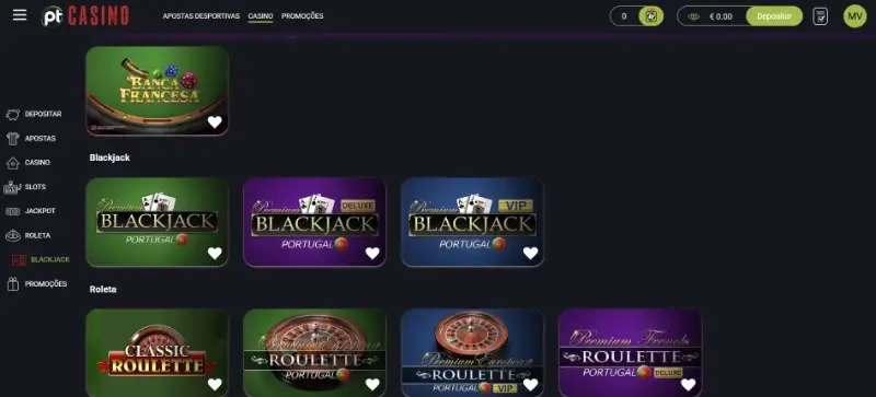 Página de jogos de mesa do casino do Placard