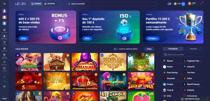 Página de Slot machines no Legzo Casino