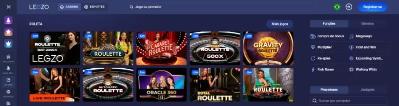Página de roleta ao vivo no casino da Legzo