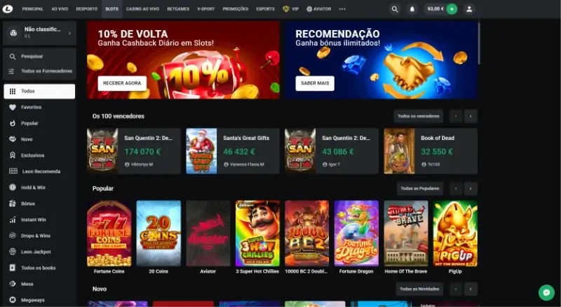 Página de slot machines no Leon Casino