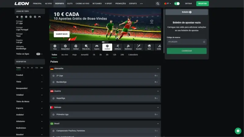 Página de apostas de andebol na Leon