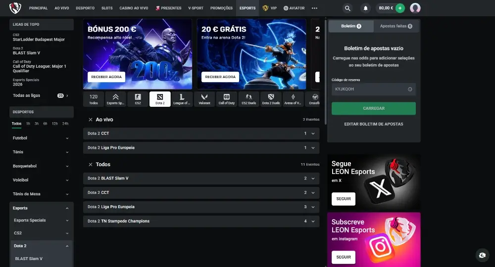 Página de apostas em Dota 2 na Leon