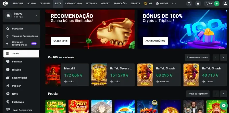 Página de casino da Leon